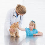 Kind streichelt Katze beim Tierarzt